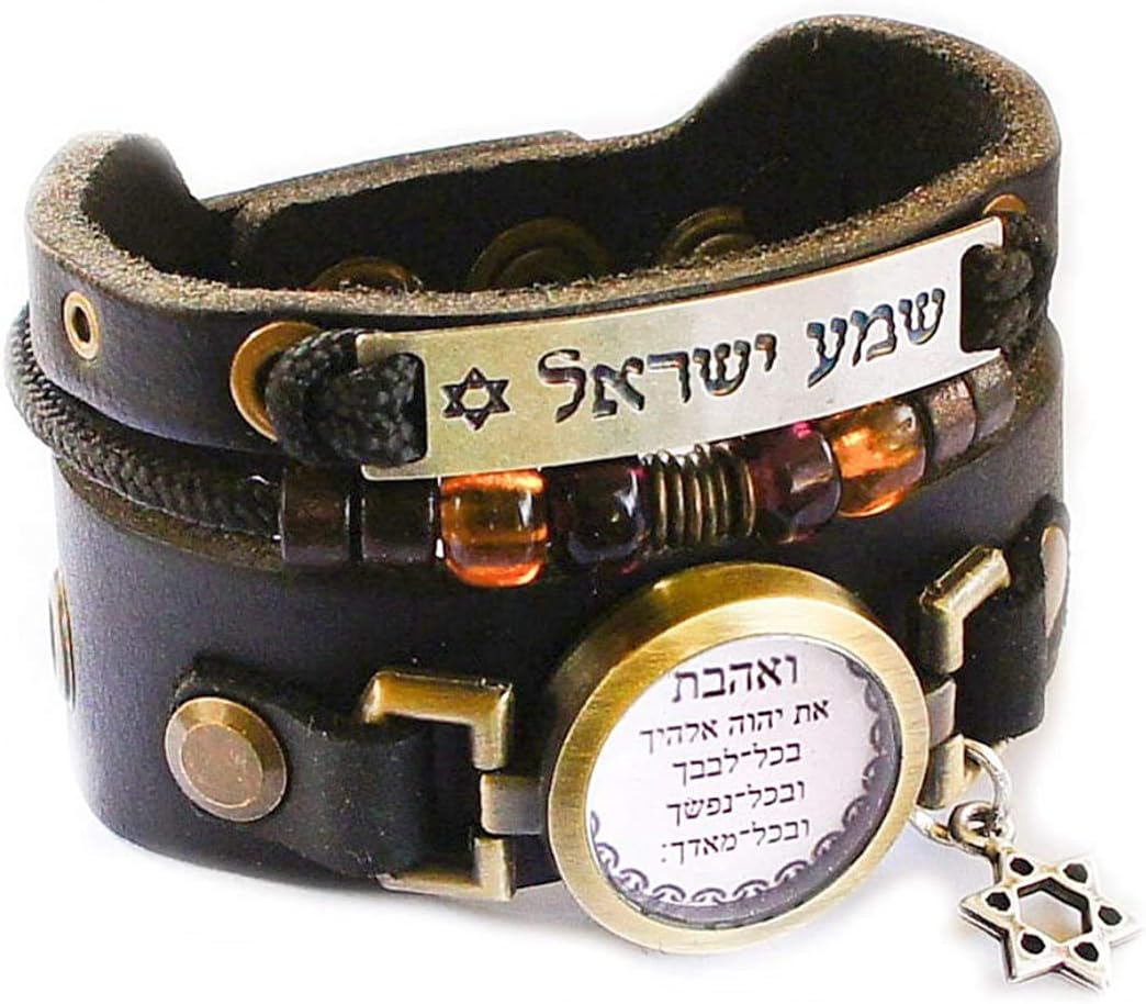 Lost Tribe Designs Deuteronomy 6:5 Bracelet - Adjustable Black Leather Cuff Bracelet with Jewish Hebrew Blessings