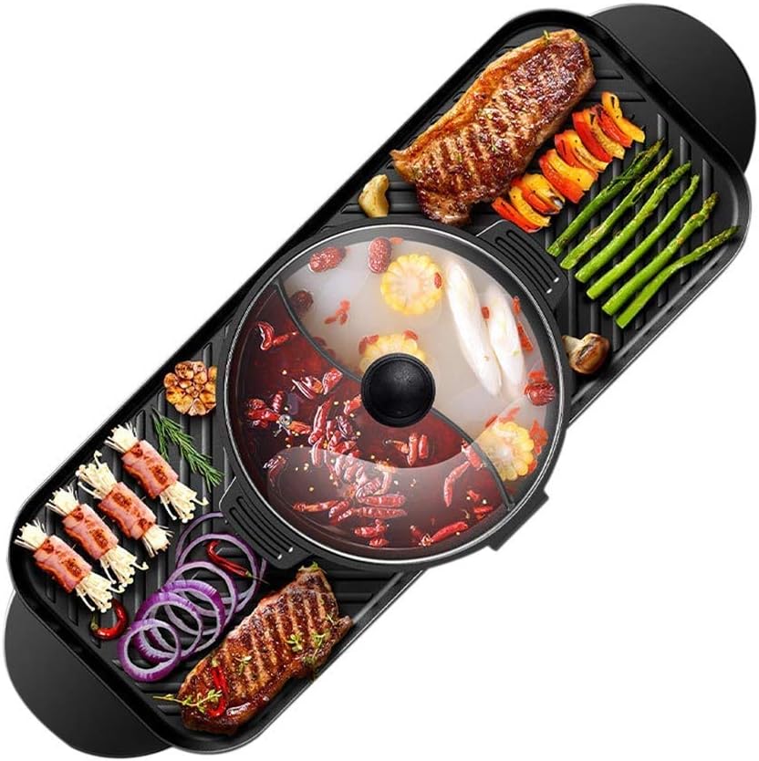 DHINGM BBQ Electric Grill Pan with Hot Pot 2 in 1, Indoor/Outdoor 2200 Watts Electric Oven/Teppanyaki Electric Grill/Hot Pot Without Smoke and Nonstick