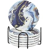 Kedested Ceramic Drink Coasters Set of 6 with Holder, Modern Marble Absorbent Ceramic Coasters, Round Ceramic Table Coasters for Home Decor Coffee Kitchen (4 Inches), Sea Blue