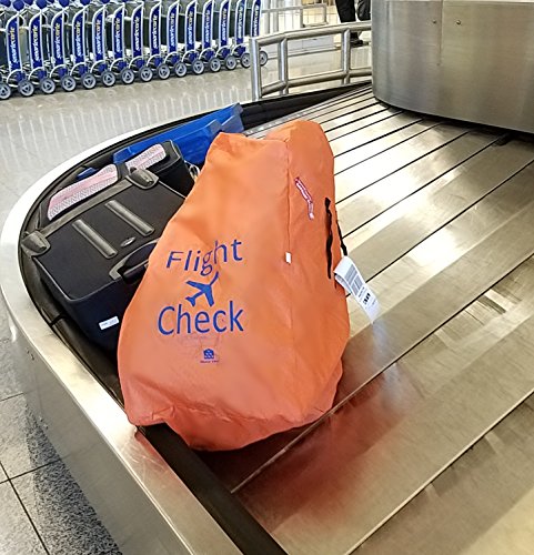 Alnoor USA Car Seat Travel Bag and Carrier for Gate Check with Travel Pouch - Bright Orange with Blue Letters for Airport, Airplane Gate Check, Car Trips, Carseat Travel Bag for Travel & Storage