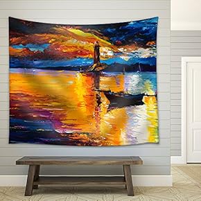 Original Oil Painting of Lighthouse and Boats on Canvas.Rich Golden Sunset Over Ocean - Fabric Wall Tapestry Home Decor - 51x60 inches