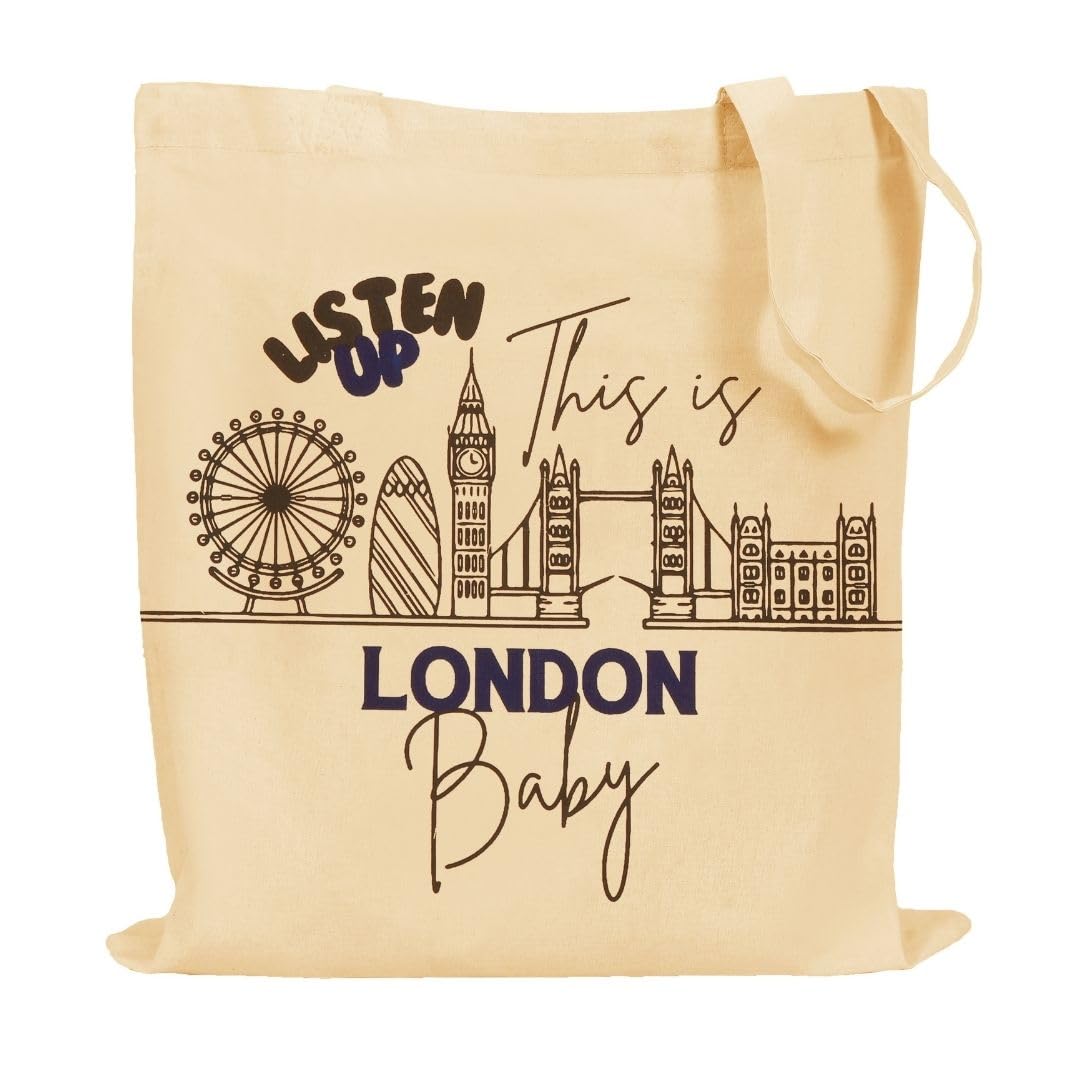MINIMARG Printed 100% Cotton Tote Bag Souvenir for Presents | London Canvas Gift Bag | Reusable UK Shopping Bag | Size 38x42cm+65cm long Handle (This is London Baby)