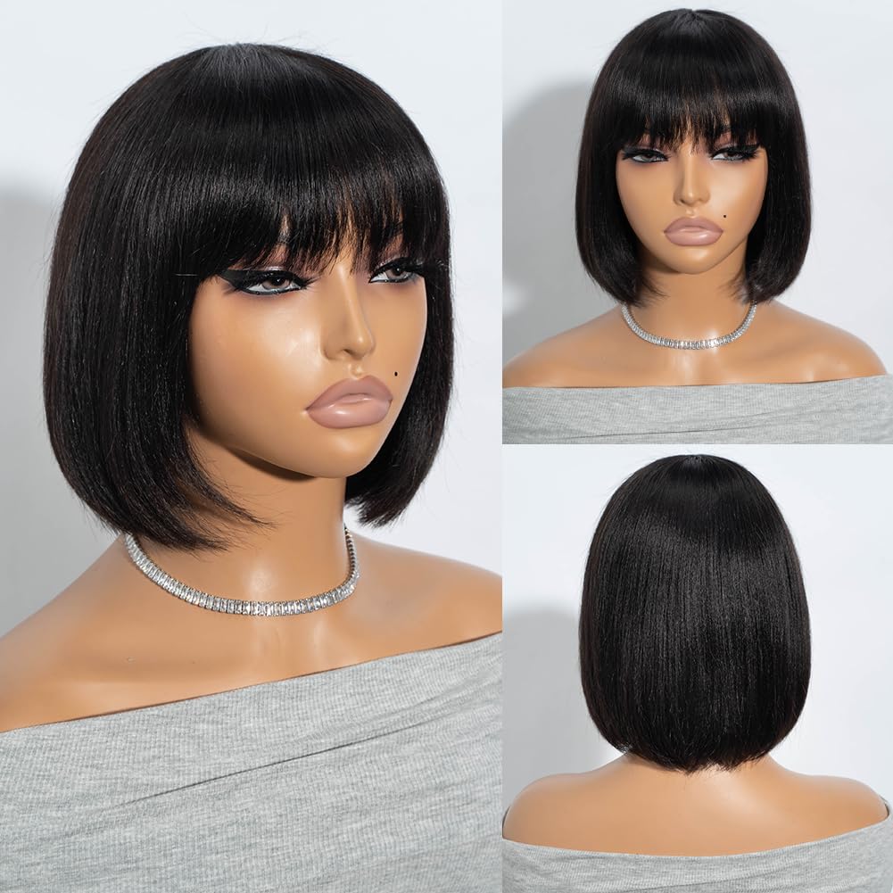 Joedir Black Bob Wig Human Hair Straight Bob Wig with Bangs 8 Inch Brazilian Short Human Hair None Lace Front Glueless Wigs for Women