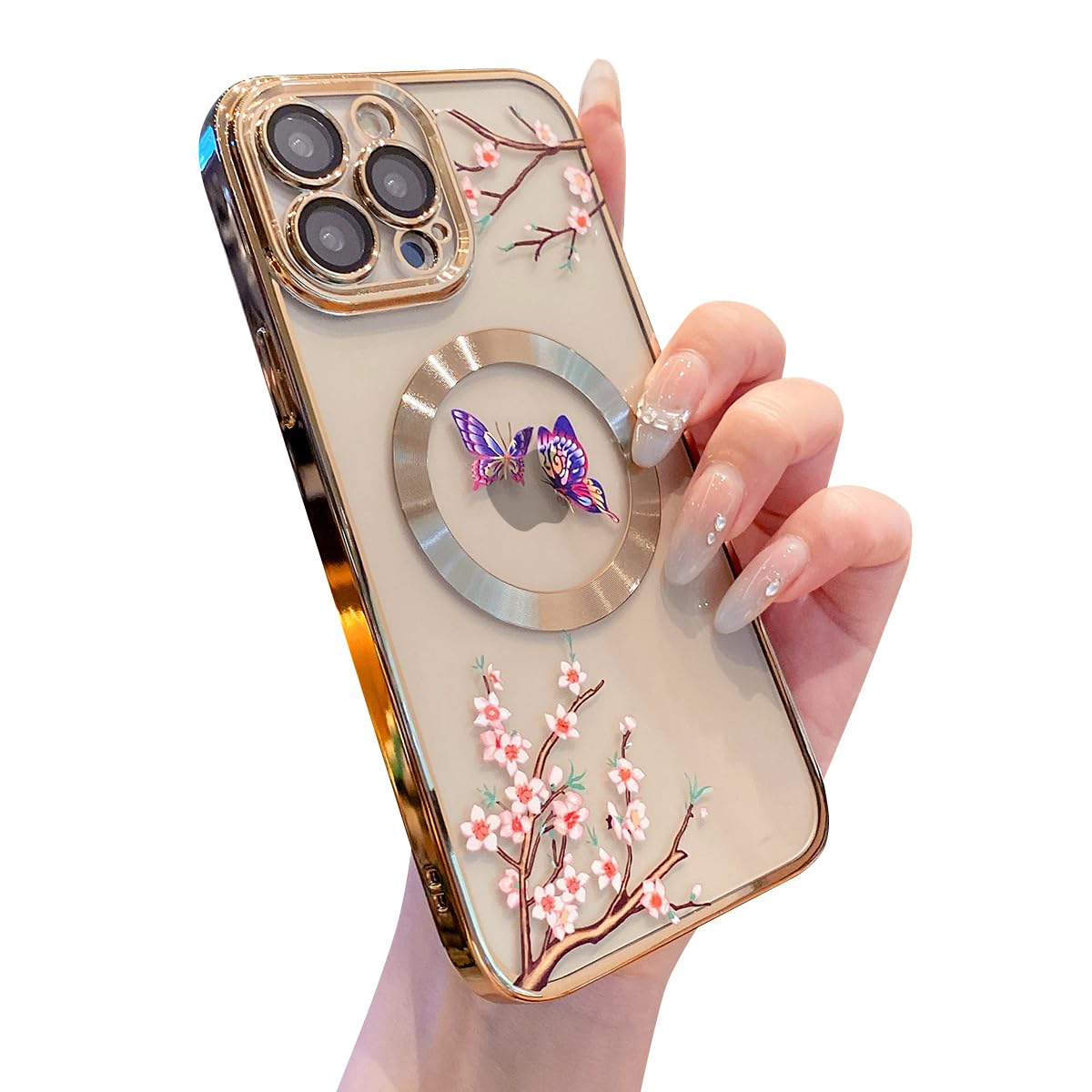 Photo 1 of Threehundred for iPhone 13 Pro Max Case (Compatible with MagSafe) Floral Flowers Design Magnetic Clear with Camera Lens Protection Soft Protective Aesthetic Case for Girls and Women - Purple Butterfly