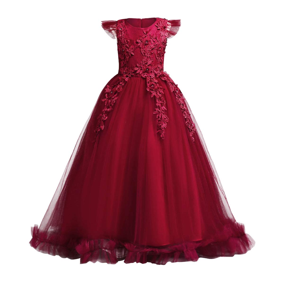 Photo 1 of Flower Girls Dress Bridesmaid Wedding Pageant Party Princess Communion Floral Boho Vintage Lace Dance Maxi Gown for Kids Burgundy 9-10 Years