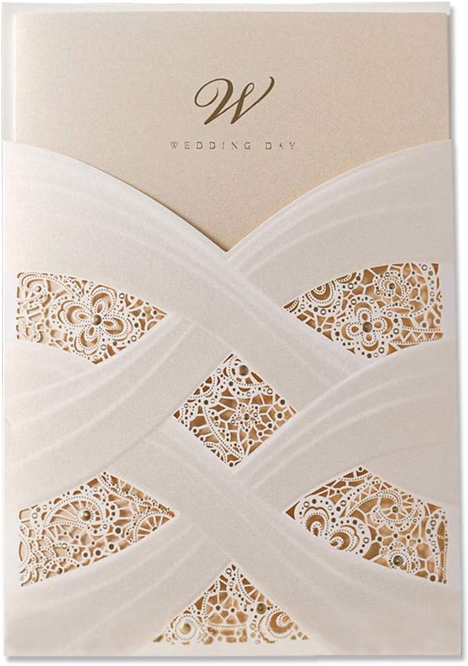 WISHMADE Laser Cut Wedding Invitations Cards Kit Ivory Glitter Bridal Shower Invite with 5x7 White Envelopes Lace Sleeve Pocket Cardstock Jofanza Produced by WISHMADE (50)