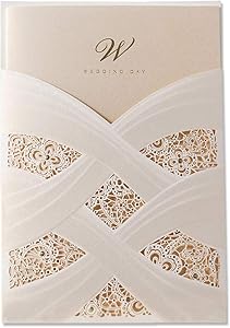 WISHMADE Laser Cut Wedding Invitations Cards Kit Ivory Glitter Bridal Shower Invite with 5x7 White Envelopes Lace Sleeve Pocket Cardstock Jofanza Produced by WISHMADE (50)