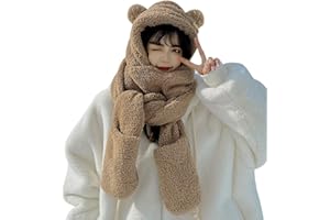 Women Girls 3-in-1 Bear Hooded Scarf Warm Plush Mitten Scarf Set Furry Animal Ear Hat Thick Long Scarf with Pocket Gloves