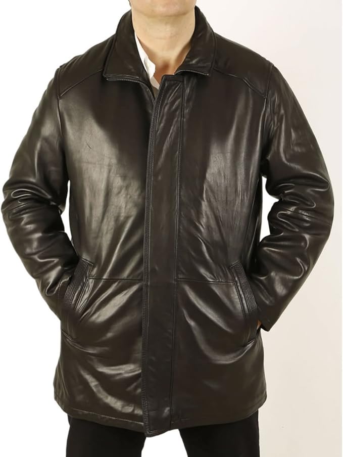Mens Premium Quality 3/4 Length Black Leather Coat Size L at Amazon