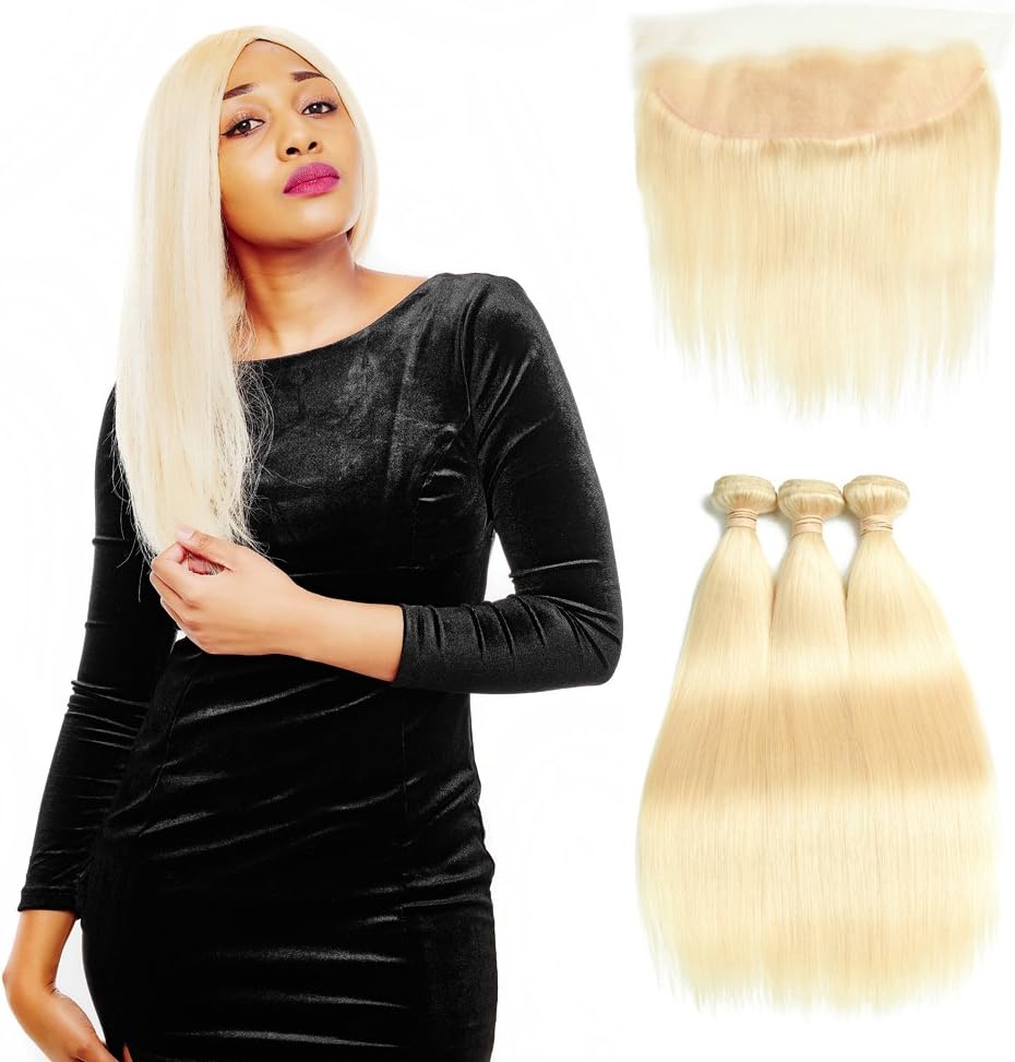 Queen Plus Hair Peruvian 613 Blonde Straight Human Hair 3 Bundles With 13x4 Lace Frontal Closure Pre Plucked Honey 8A Blonde Hair (20 22 24 with 18inch)