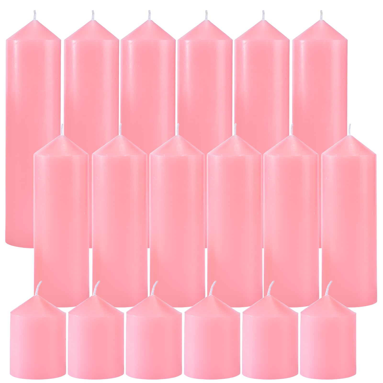 Photo 1 of Veiuwa 18 Pcs Pink Pillar Candles Bulk Set?Hurricane Candles?3 Different Lengths (6 Each)?Dripless Unscented Smokeless?Gives You a Better Atmosphere When Organizing Wedding or Event Party.