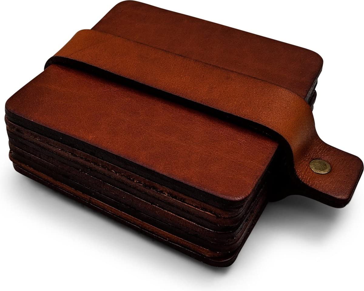 Brute Strength - Full grain leather coasters - Cognac - Square - 14 pcs - Square coaster for glass - Coasters for drinks - includes holder