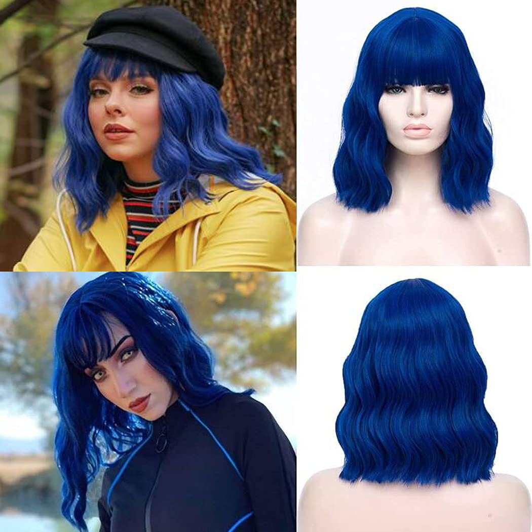 TANTAKO® Short Blue Wigs for Women Short Wavy Blue Bob Wigs with Bang Synthetic Cosplay Wig Halloween Costume Women Wig (Blue #0289)