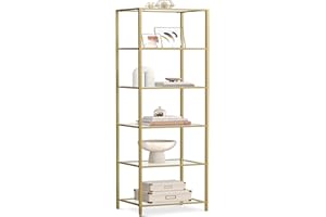 VASAGLE 6-Tier Glass Shelf, Bookshelf, Storage Rack, Tempered Glass, Easy Assembly, for Bathroom, Living Room, Bedroom, Offic