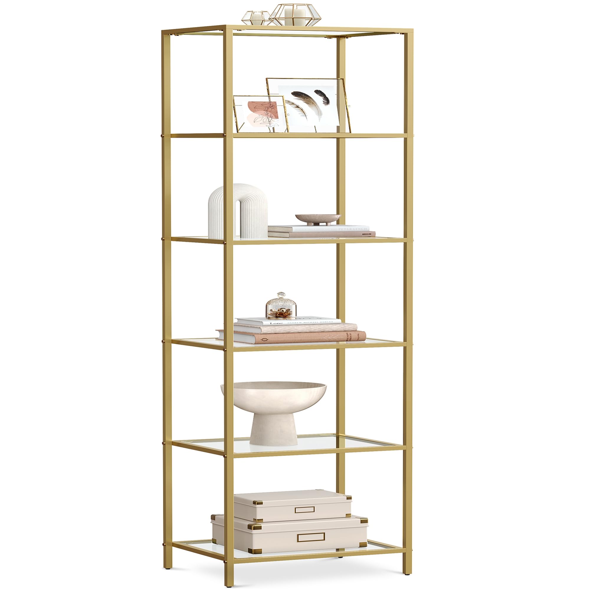 VASAGLE Bookcase, 6-Tier Bookshelf, Slim Shelving Unit for Bedroom, Bathroom, Home Office, Tempered Glass, Steel Frame, Metallic Gold ULGT500A01 Image