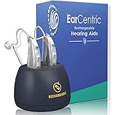 [Silver] EarCentric EasyCharge Rechargeable Hearing Aids (Pair) for Seniors, Behind-The-Ear BTE Ear Aid PSAP digital Personal sound amplification products devices with Noise Cancellation