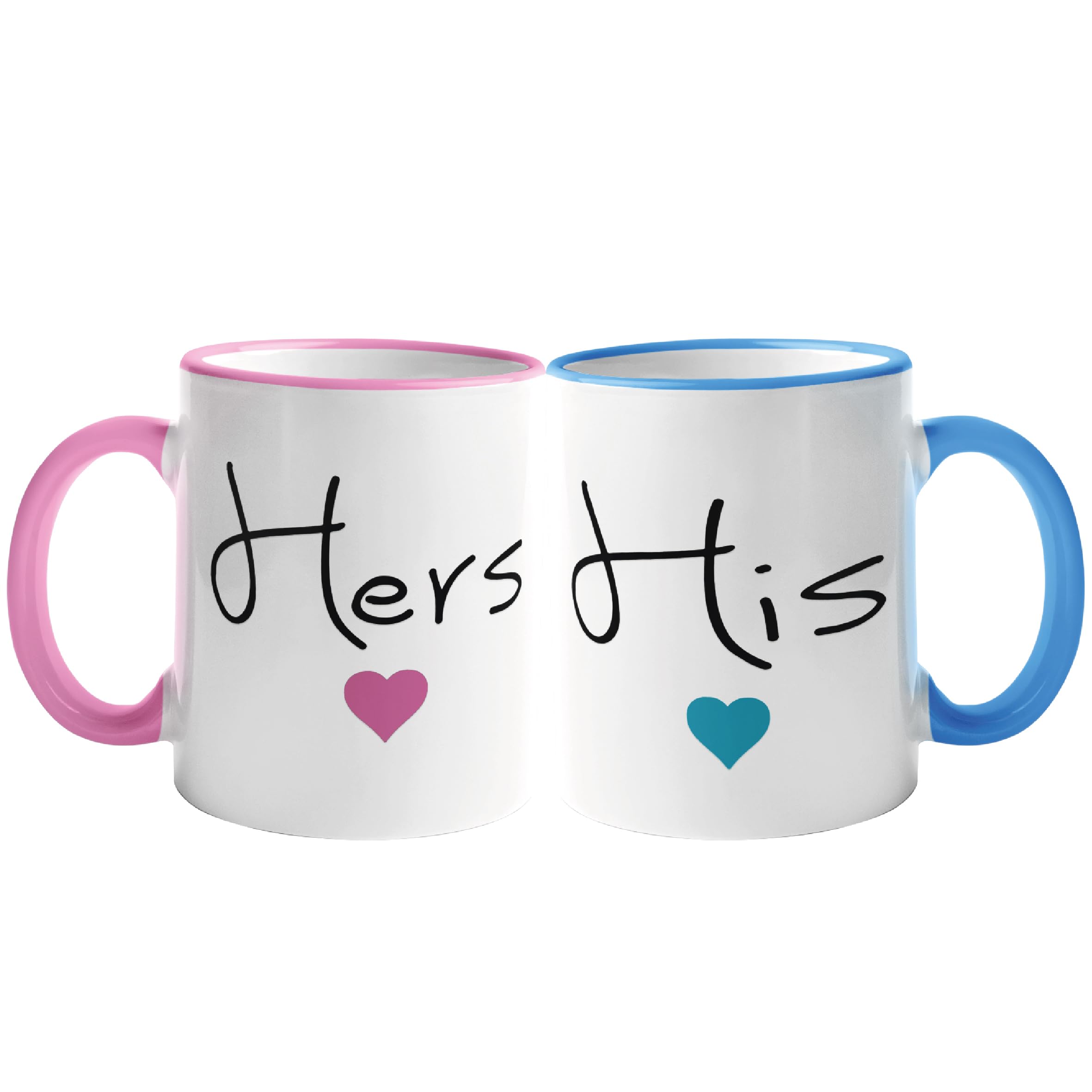 Pair of His & Hers Lovely (Heart) Novelty Gift Mugs - Pink & Blue Handle/Rim