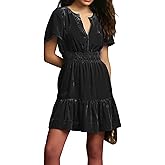 R.Vivimos Women's Fall Winter Vintage Casual Dresses Velvet Short Sleeve V Neck Elastic Waist Tiered Flowy Swing Mini Dress