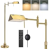 Dimmable Pharmacy Floor Lamp with Remote, 17W Gold LED Reading Floor Lamp with 360°Swing Arm, 3 Color Temperature, Height Adj