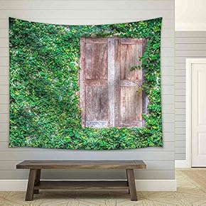 View of a Closed Wood Window and of a Wall Covered with Ivy - Fabric Wall Tapestry Home Decor - 51x60 inches