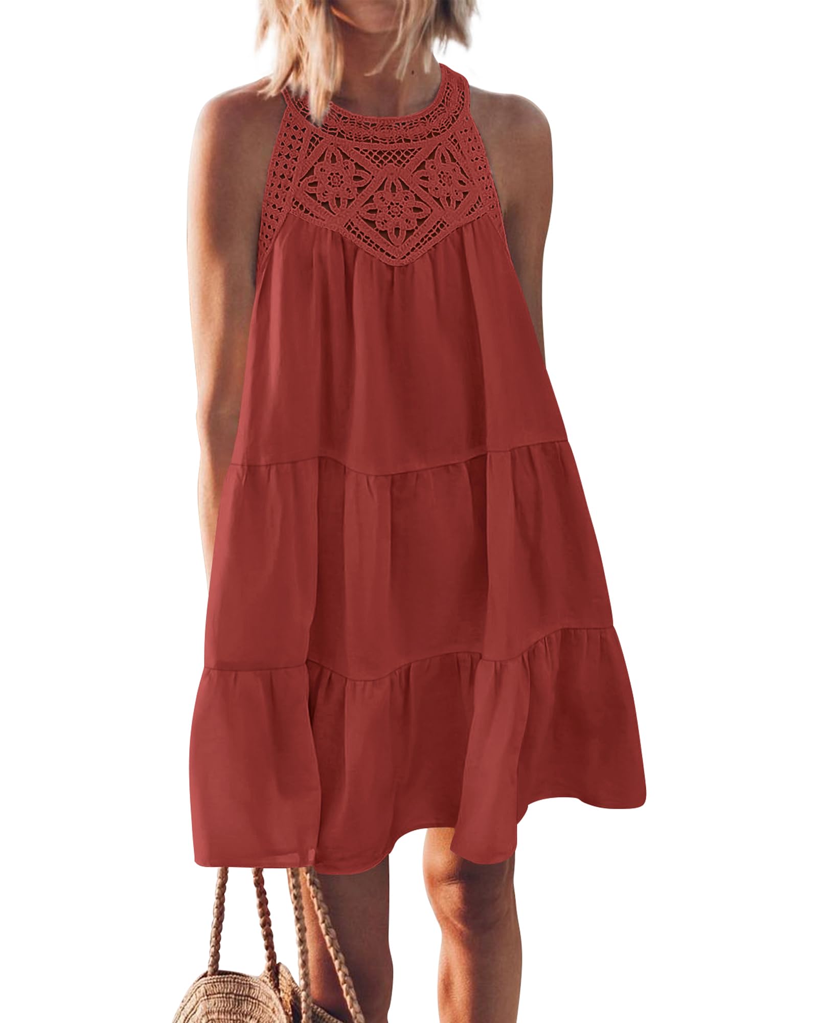 KIRUNDO Women Summer Halter Sundress 2026 Spring Casual Sleeveless Boho A Line Mini Beach Vacation Dress Cruise Resort Wear(Medium, Rust Red)