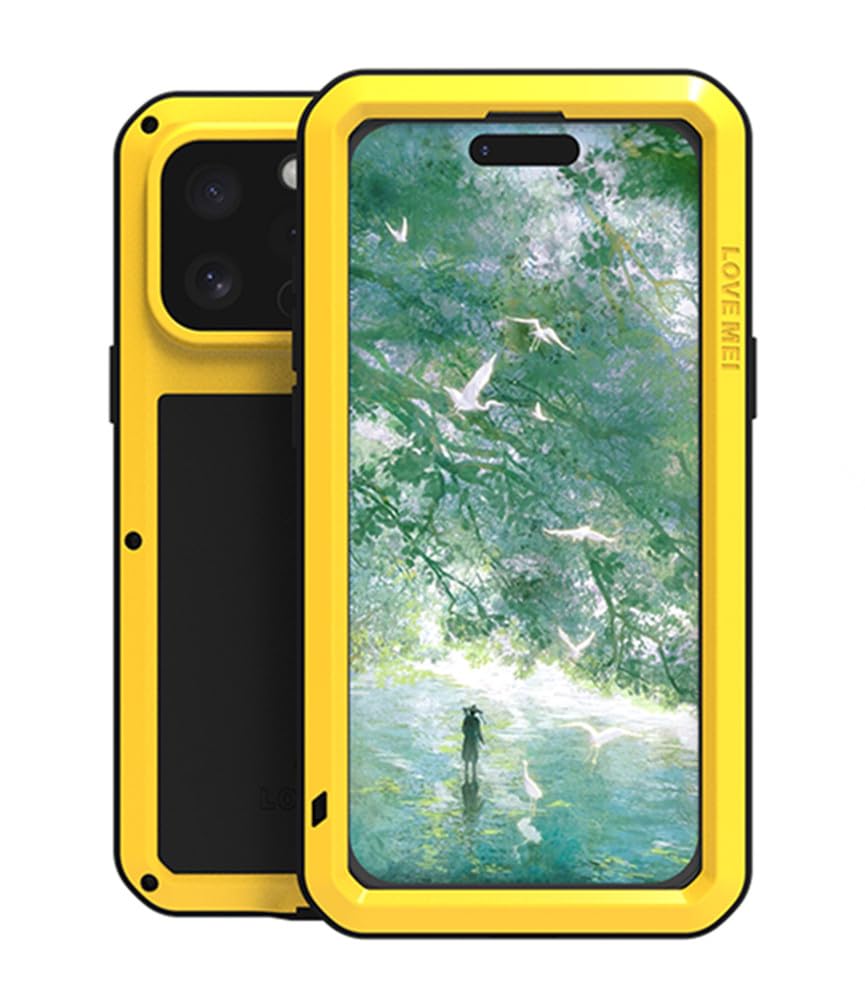 LOVE MEI for iPhone 16 Pro Max Case, Outdoor Heavy Duty Rugged Full Body Protection Case Military Armor Bumper Aluminum Metal Dust/Shockproof Case with Tempered Glass for iPhone 16 Pro Max (Yellow)