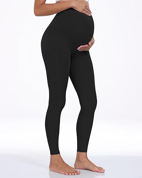 WHOUARE MATERNITY LEGGINGS OVER THE BELLY WITH POCKETS FOR WOMEN PREGNANCY HIGH WAISTED WORKOUT ACTIVEWEAR YOGA PANTS 2BLACK-XL