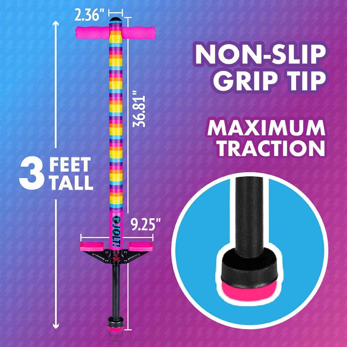 Flybar Pogo Stick for Kids, 40 to 80 Pounds, Perfect for Beginners, Easy Grip Foam Handles, Anti-Slip Foot Pegs, Outdoor Toys for Boys, Jumper Toys for Girls, Outside Toys for Kids (Jolt, Rainbow)