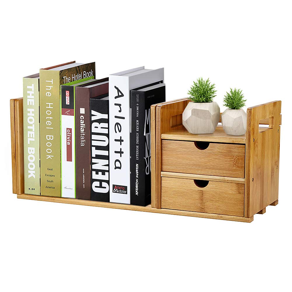 Tabletop Bookshelf, Bamboo Tabletop Book Rack, Adjustable Width Modern and Elegant Shape, for Living Room Bed Room Kitchen Balcony Office, Desk Shelf Organiser
