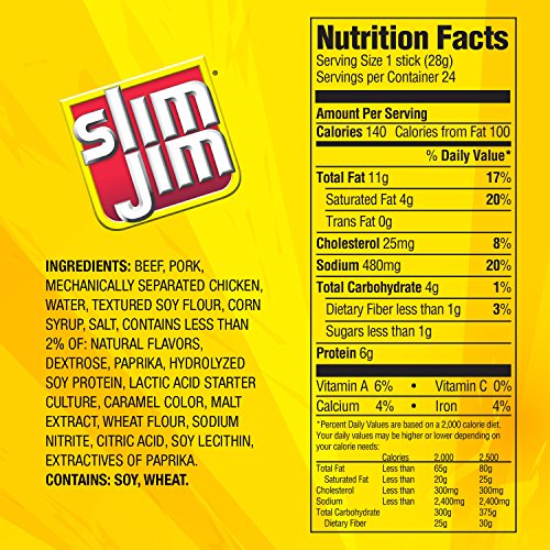 SLIM JIM GIANT SMOKED MEAT STICKS, ORIGINAL FLAVOR, KETO FRIENDLY, 0.97 OZ. 24-COUNT