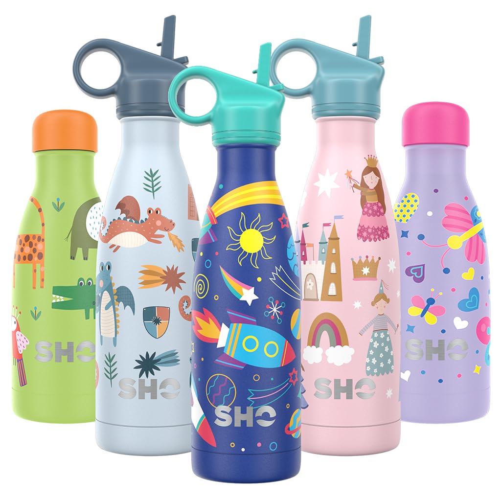 SHO Kids Bottle - Ultimate Insulated, Double Walled Stainless Steel Vacuum Flask & Water Bottle - 12 Hours Hot & 24 Hours Cold - 260ml, 375ml - BPA Free (Universe with Straw Lid, 375ml)