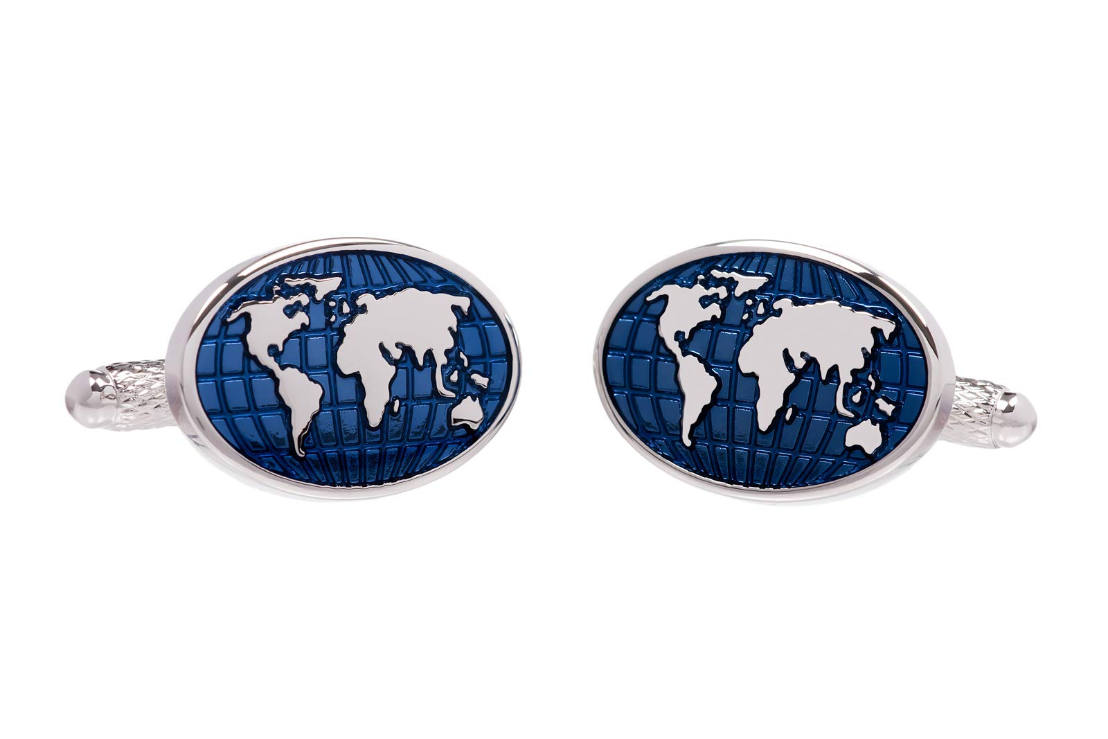 World Map Cufflinks - Silver Oval Shirt Cufflinks with Continents and Blue Oceans in Onyx Art Cufflink Gift Box