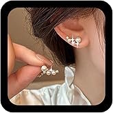Ximdble Vintage Crystal Pearl Ear Climber Earrings Rhinestone Stud Earrings Boho Pearl Crystal Curved Ear Warp Sparkly Cz Stud Jewelry for Women