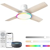 DREO Ceiling Fans with Lights, 44'', RGBIC Flush Mount Smart Ceiling Fan | Quiet DC Motor for Bedroom, Dimmable LED, 12 Speeds &amp; 3 Fan Modes, Low Profile Easy Install, 12H Timer, App &amp; Remote Control