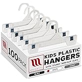 Mainetti Kids White Plastic Hangers 100 Pack | 8-Inch Pants Hangers with Clips Made from Sturdy Plastic | Great for Pants, Skirts, Slacks, Bottoms