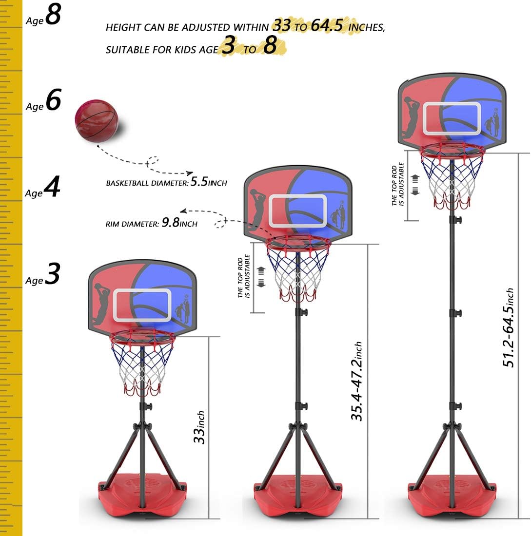 HAHAKEE Kids Basketball Hoop, Height-Adjustable Basket 2.9ft-5.1ft, Indoor and Outdoor Basketball Set for Toddlers Age 3-8: Toys & Games