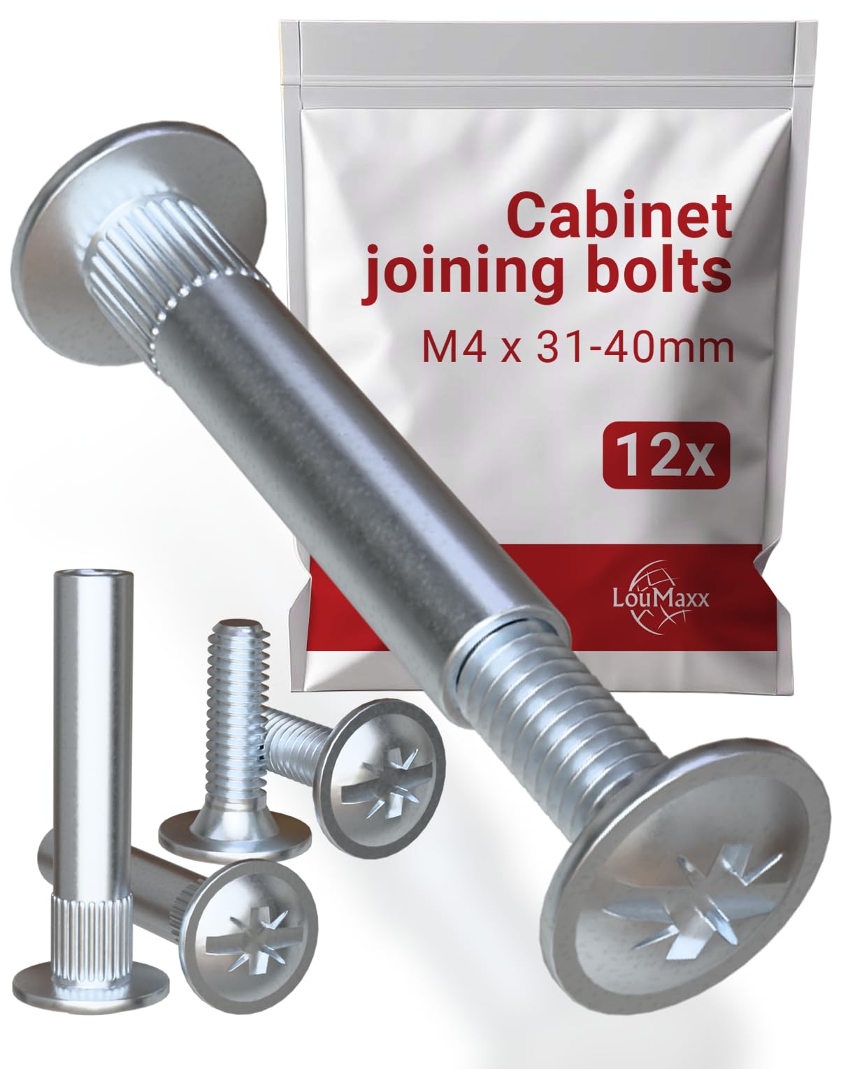 LouMaxx Furniture Connectors M4 31-40 mm Set of 12 Nickel-Plated Steel Sleeve Screws