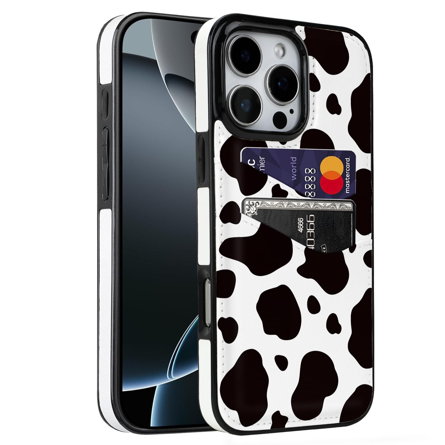 Obbii for iPhone 16 Pro Max 6.9 inch Case with Card Holder Soft Leather Wallet Case Protective Shockproof Hard Cover for Women Man (Black Cow Print)