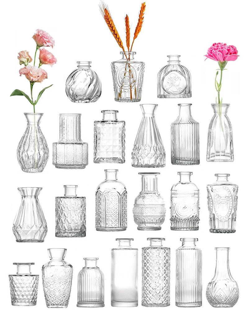 Photo 1 of 22 Pack Glass Bud Vase Set, Small Flower Clear Vase Set Bud Vases for Wedding Centerpiece Table Decor, Vintage Small Vases for Room Home Dining Party Table Center Decor (Clear, 22 Pack)