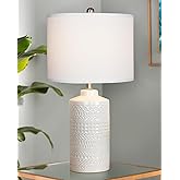 JUNNAI 24.5" White Ceramic Table Lamp 3-Way Dimmable Nightstand with White Linen Shade Bedside Lamp for Bedrooms & Living Roo