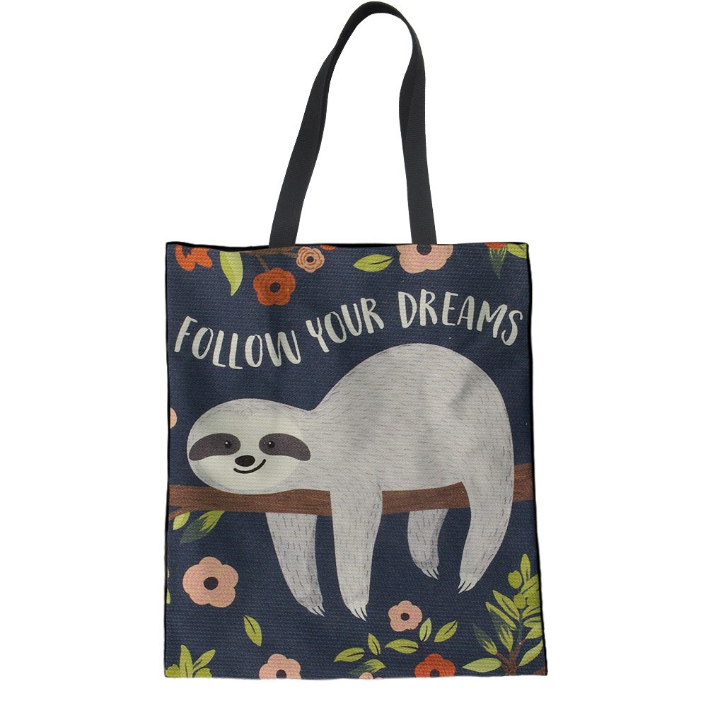 HUGS IDEA Sloth Canvas Tote Bag Cute Animals Cartoon Heavy Duty Shopping Travel Beach Bags