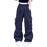Nanasait Girls Cargo Pants Elastic Waist Drawstring with Pockets Pants, 6-14 Years