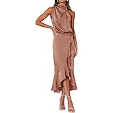 KIRUNDO Women 2026 Spring Summer Satin Mock Neck Wedding Guest Party Cocktail Midi Dress Sleeveless Wrap Ruffle Formal Dress