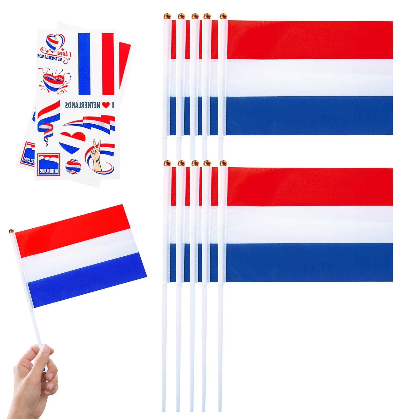 10pcs Small Netherlands Flags on Sticks & 2pcs Temporary Tattoos for Football 2025 Party,Mini Netherlands Flags on Sticks Hand Held Flags for VE Day 80th Events Celebration Swiss Party Decor — image 1