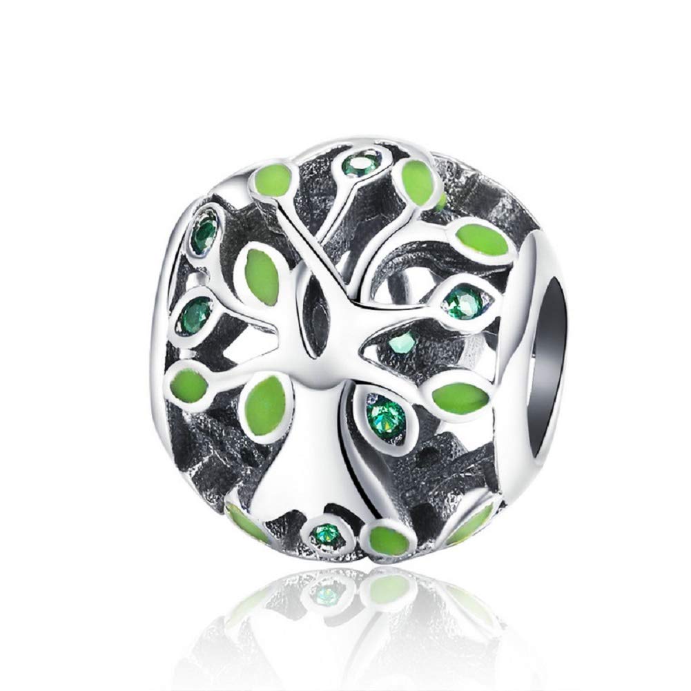Family tree of life 925 Sterling Silver Green Enamel Bead Charms for Bracelets for Mum Daughter Wife Christmas Day Gifts