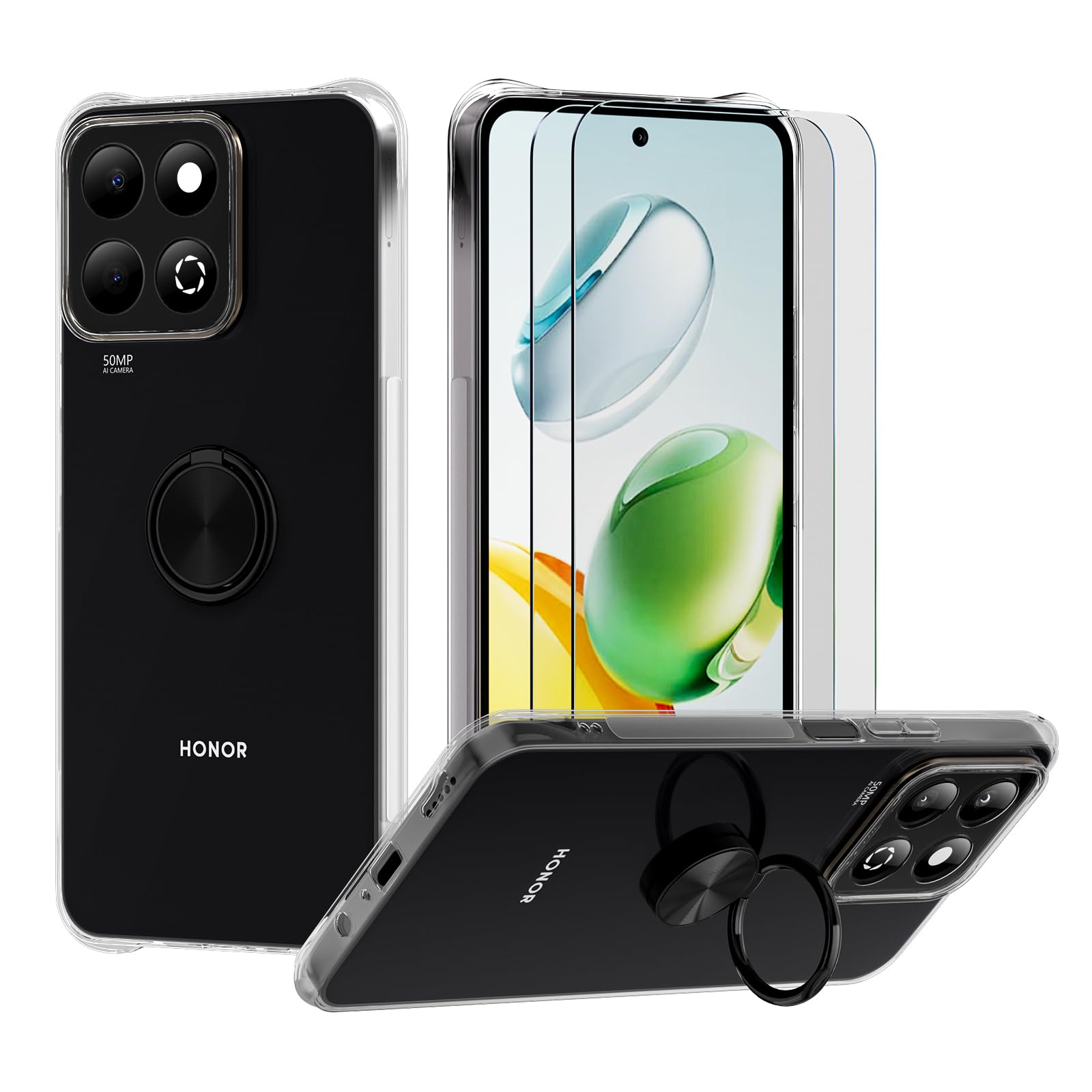 STARRYNOVA Kickstand Case Compatible with Honor 200 Smart 5G / Honor X7c, Crystal Clear Protective Soft TPU Shockproof Case with 360 Degree Magnetic Ring Cover - Black Ring