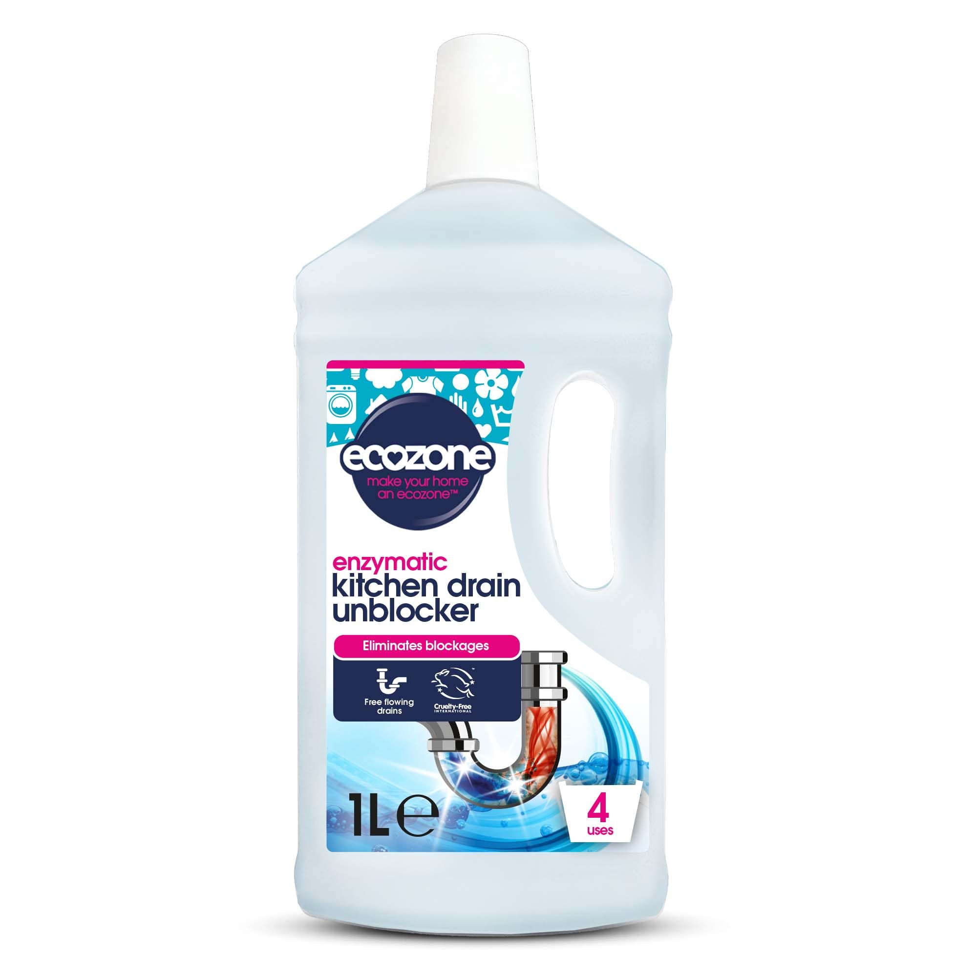 Ecozone Kitchen Drain Unblocker, Non-Toxic & Bleach-Free, Non Corrosive Cleaner, Enzyme Solution Breaks Down Soap Grease & Organic Blockages in Plug Holes, Septic Tank Safe & Vegan Friendly (1L)