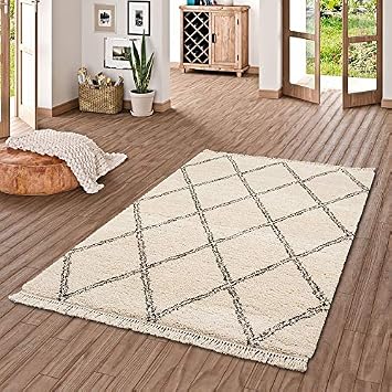 Pergamon Hochflor Langflor Shaggy Teppich Boho Rauten Creme In 5