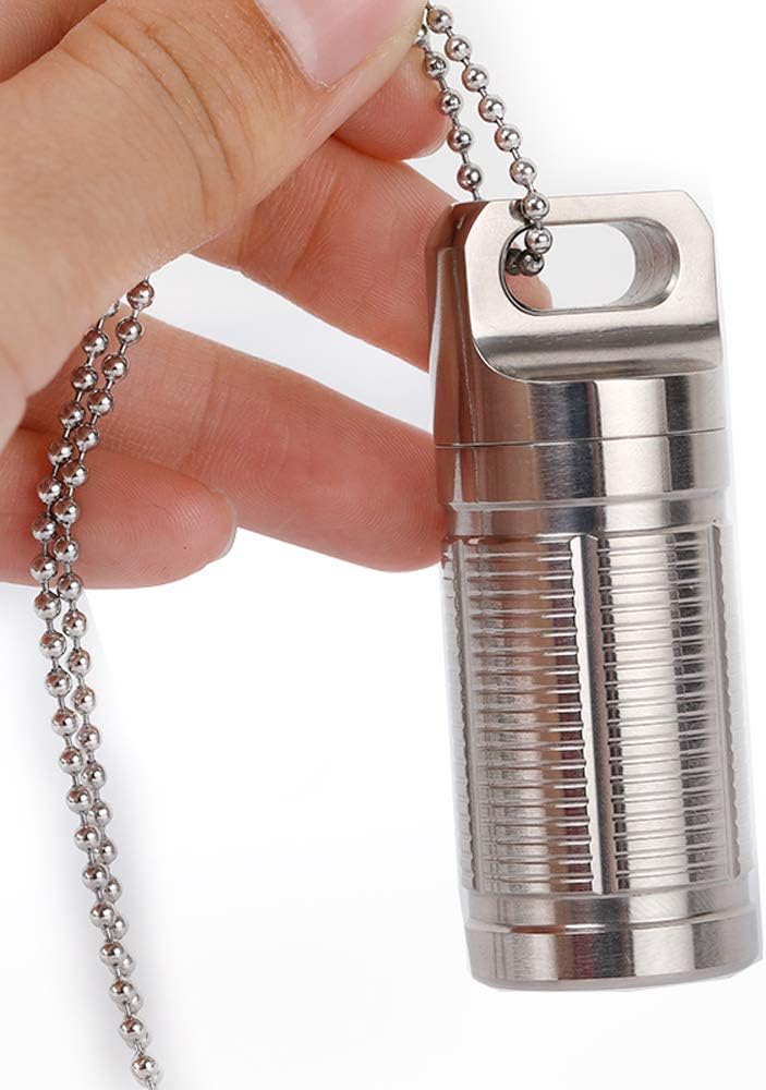 Lightweight Outdoor EDC Keychain Pill Fob, Titanium Survival Waterproof Mini Pill Capsule Nitro Holder, Charming Pendant Necklace, Dry Storage Box Camping Essentials Airtight Case,Silver