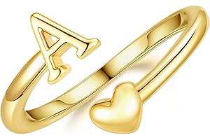 M MOOHAM Stocking Stuffers for Teen Girls Women - Gold Rings for Women Girls 14K Gold Plate Initial Rings for Women Non Tarnish Letter A- Z Dainty Heart Ring Adjustable Pinky Ring Personalized Jewelry Gifts